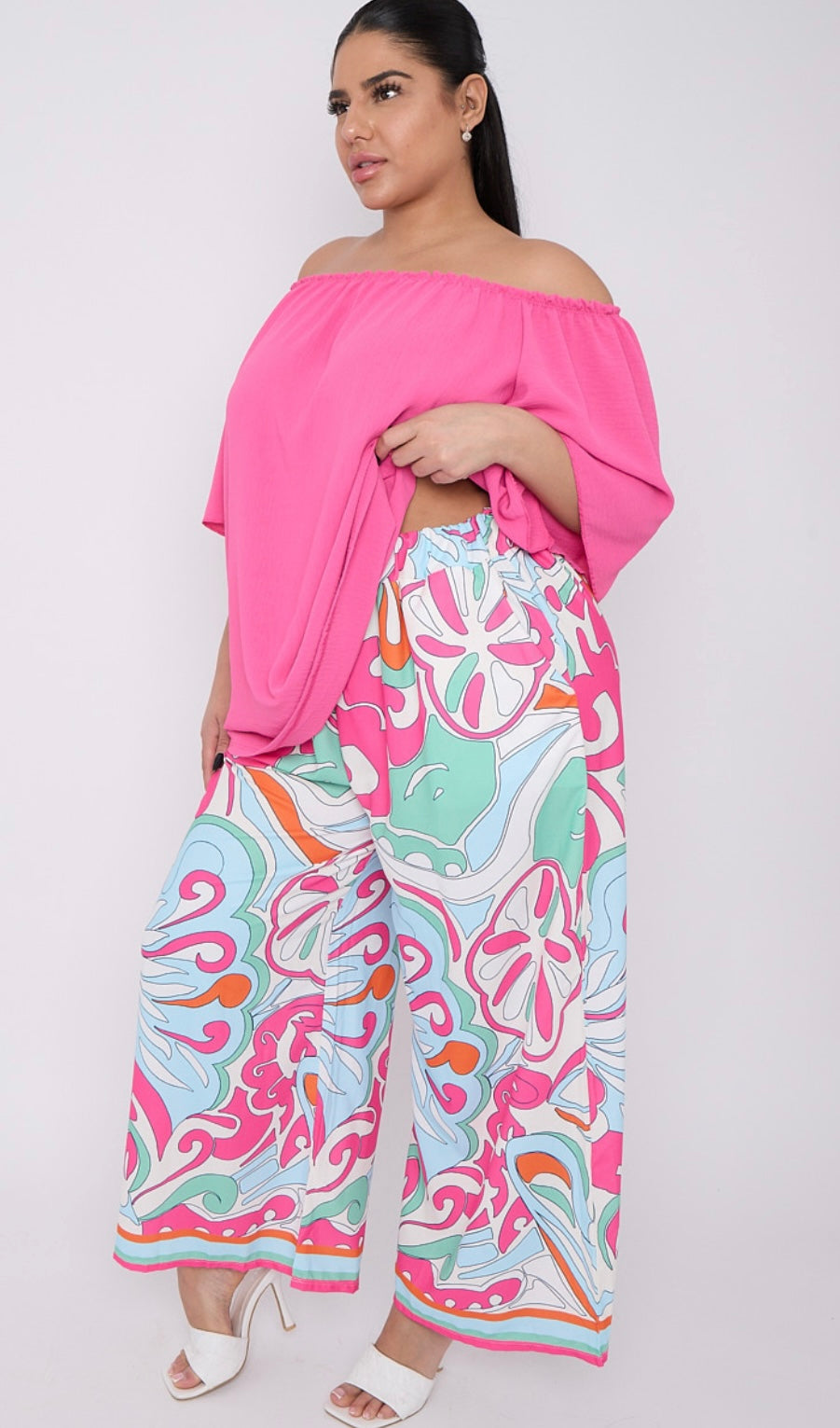 Plus size printed wide leg trousers with pockets - Pink