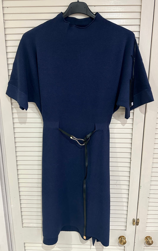 Short sleeve belted soft knit dress - Navy