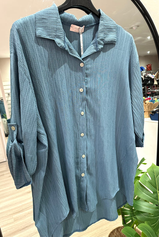 Textured rolled sleeve shirt - Petrol blue