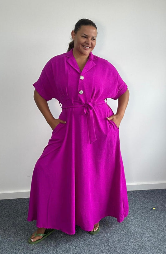 Curve Fuchsia button front belted shirt dress with pockets
