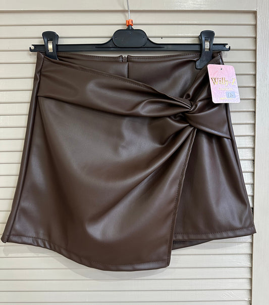 Faux Leather Knot-Detail Skort - Chocolate brown