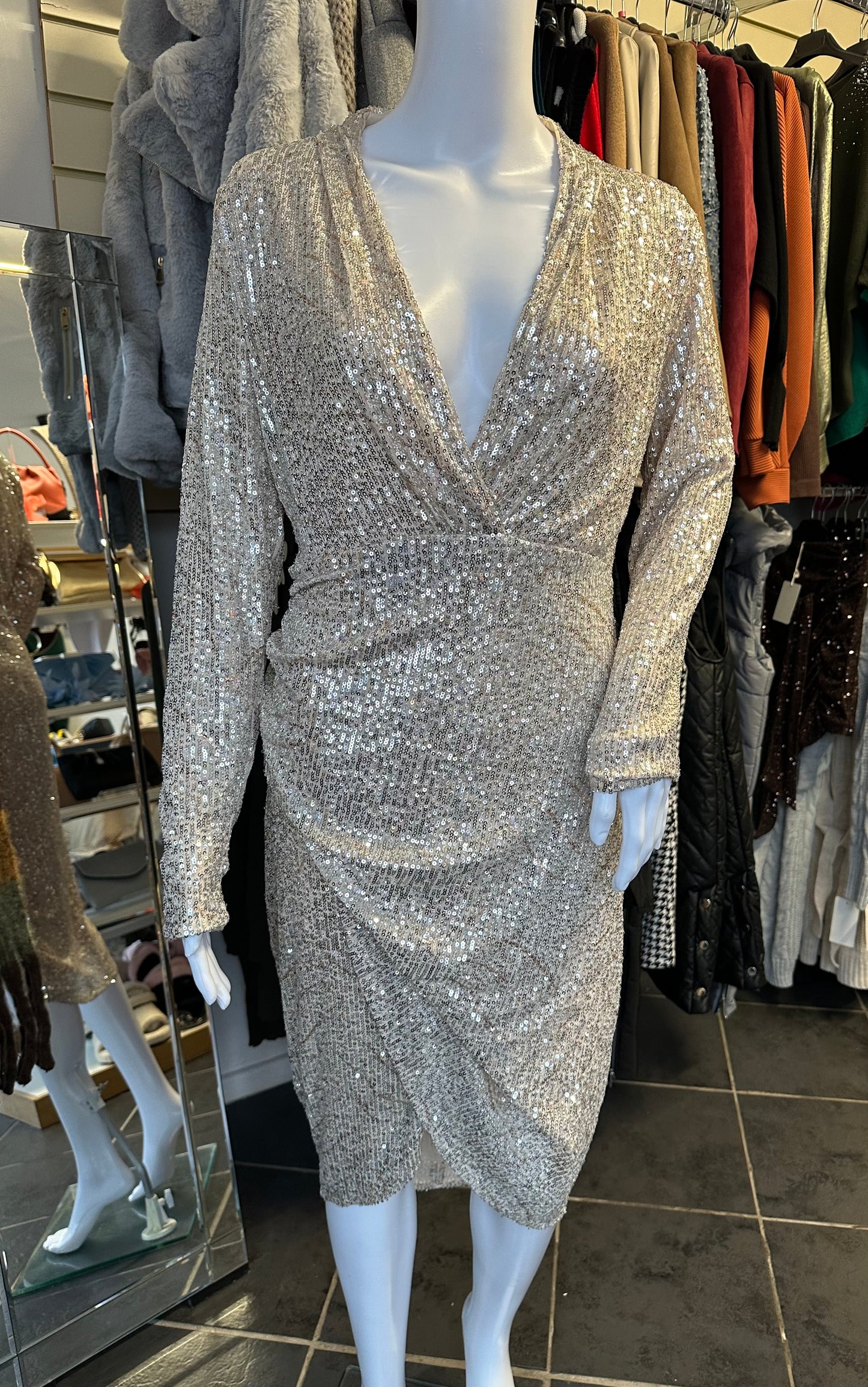 Gold sequin plunge neck dress