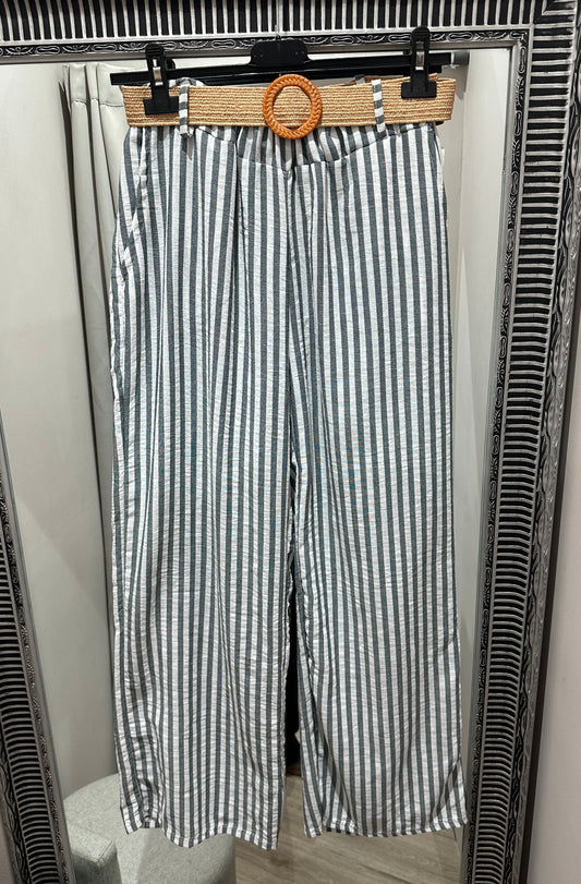 Linen-look striped trousers with woven belt