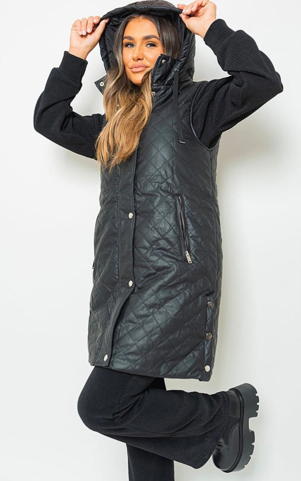 Black quilted faux leather long hooded gilet