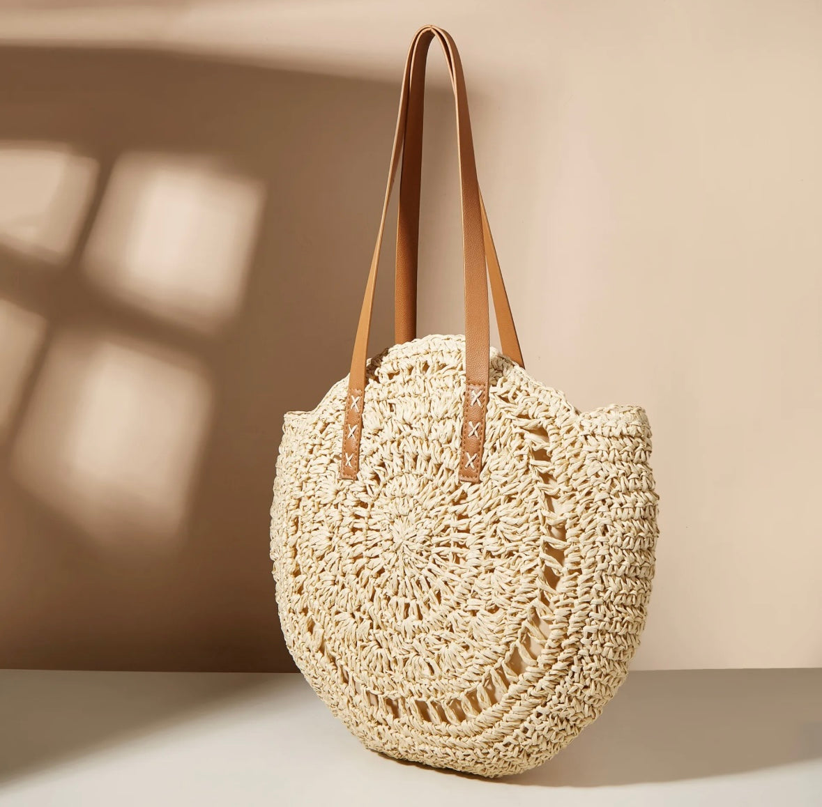 Round straw beach bag - Beige