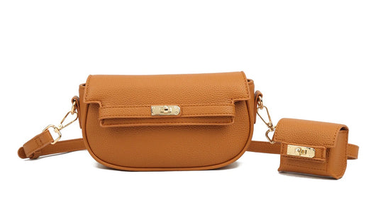 Faux leather crossbody bag with Detachable Coin Pouch - Tan