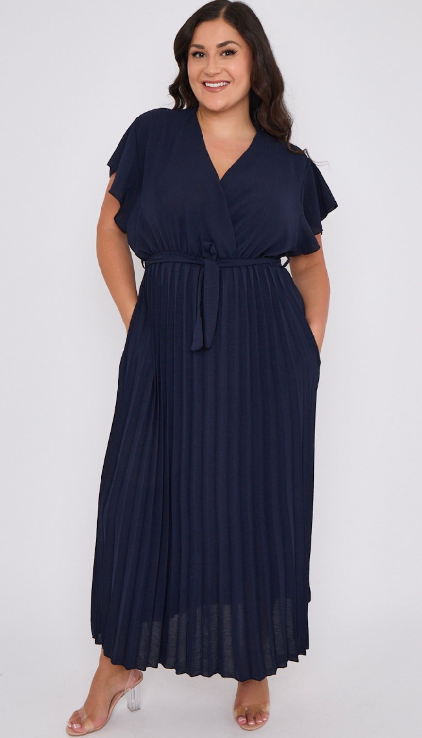 Curve fit navy pleated skirt tie waist dress with pockets