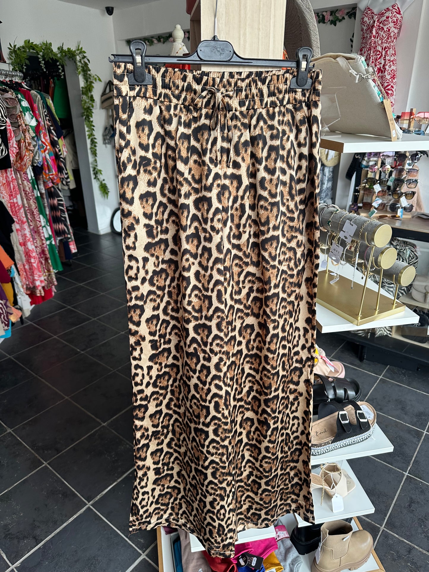 Leopard print drawstring wide leg trousers