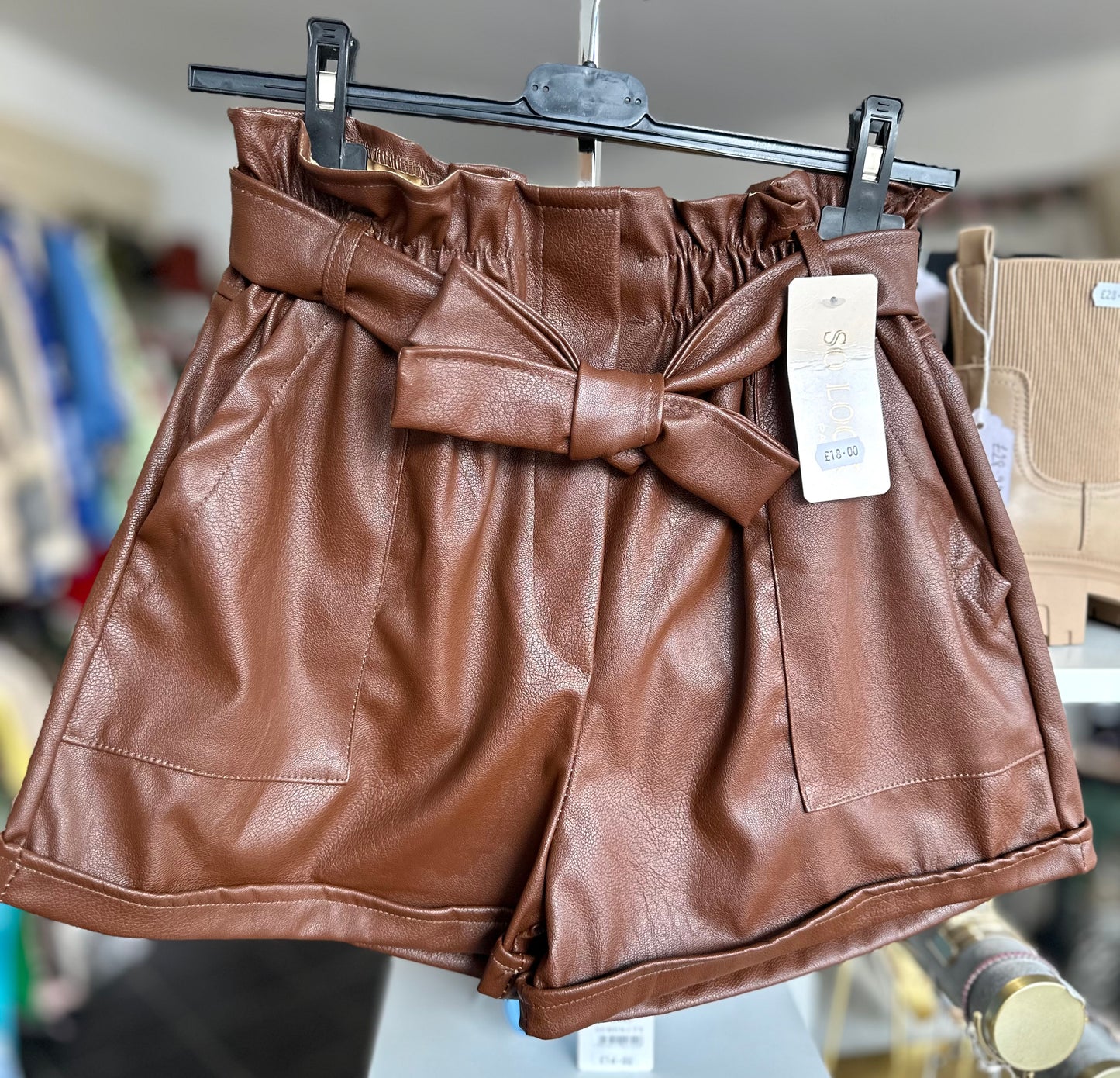 Chocolate brown paper bag waist faux leather shorts