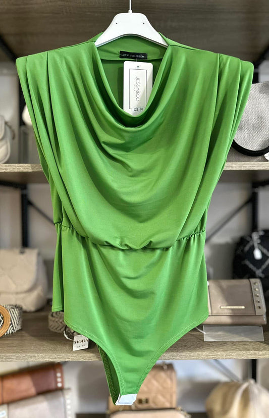Green drape detail bodysuit with shoulder pads
