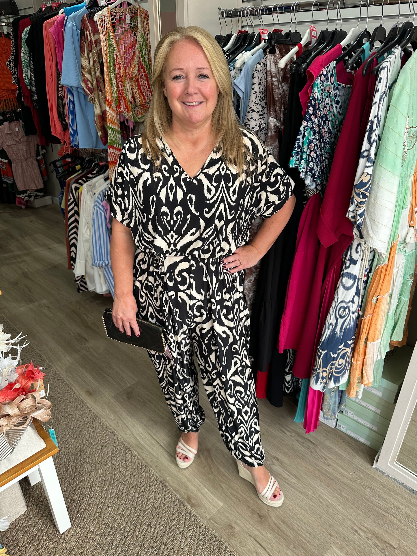 Curve size black and beige printed tie waist jumpsuit