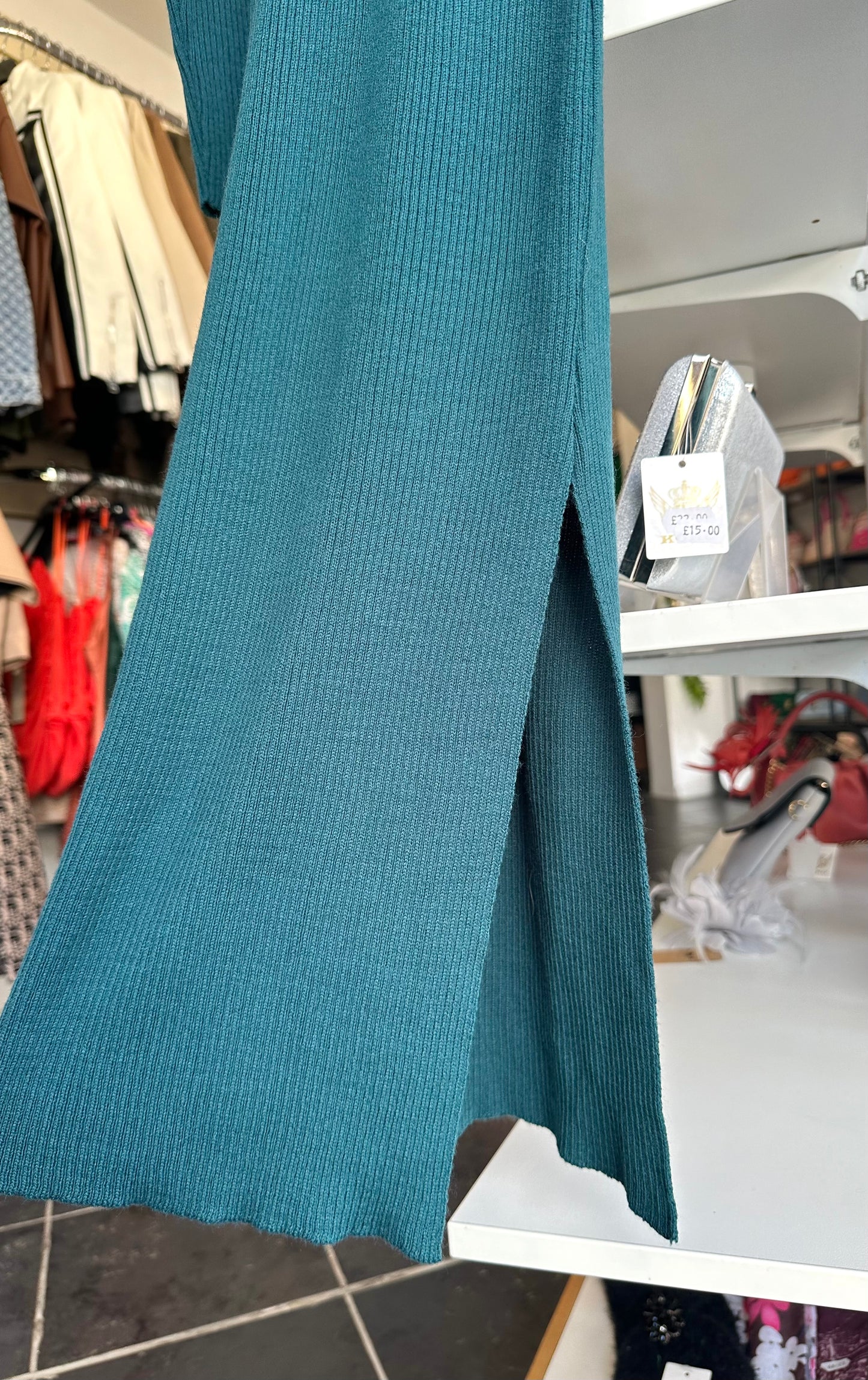 Teal ribbed split bodycon dress