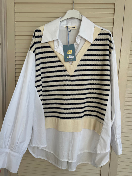 White shirt with navy stripe vest overlay