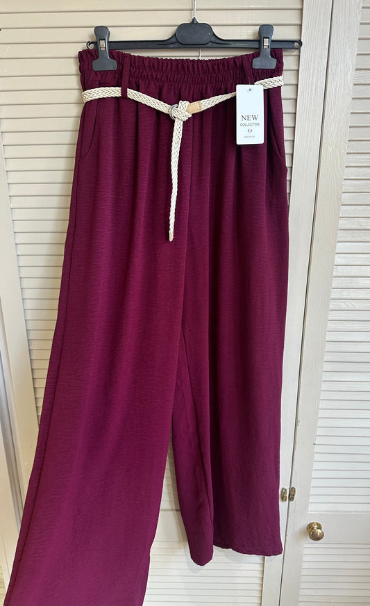Elasticated high waist trousers with cream braided belt - Burgundy