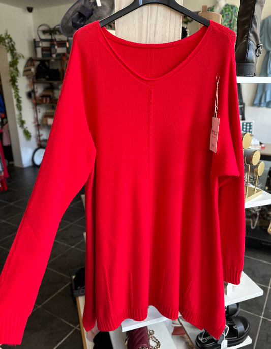 Red long length knitted jumper