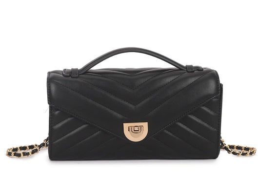 Quilted Faux Leather Chain Strap Crossbody Bag - Black