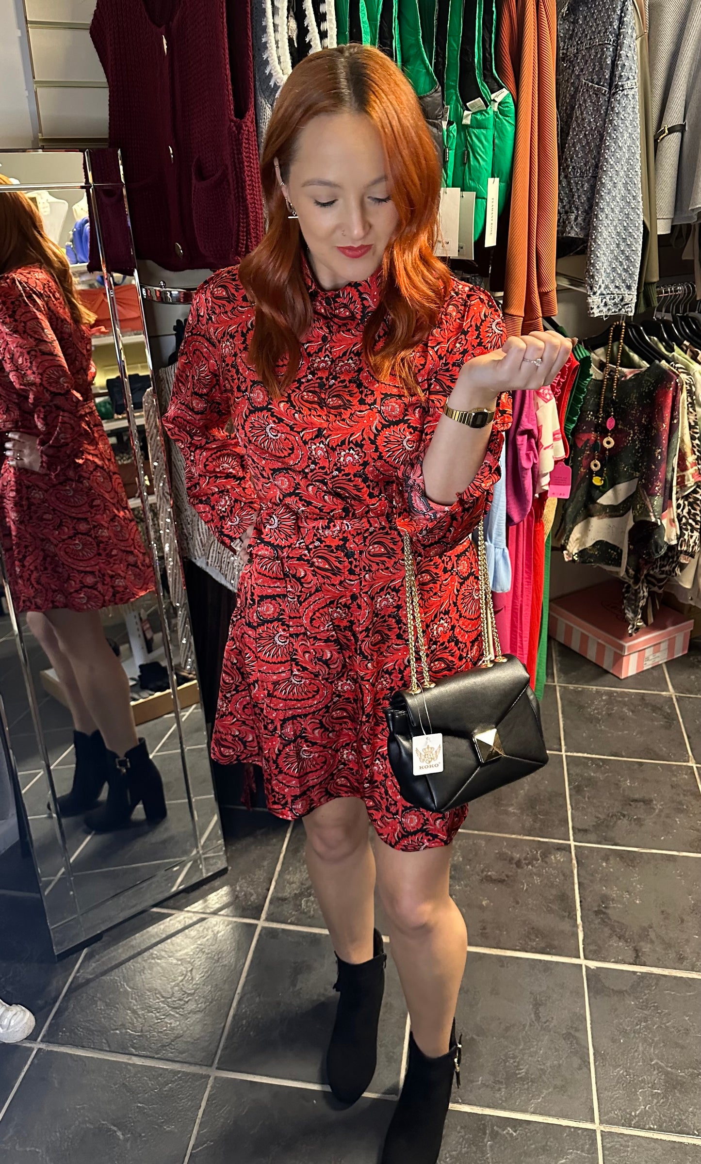 Red printed long sleeve belted shirt dress