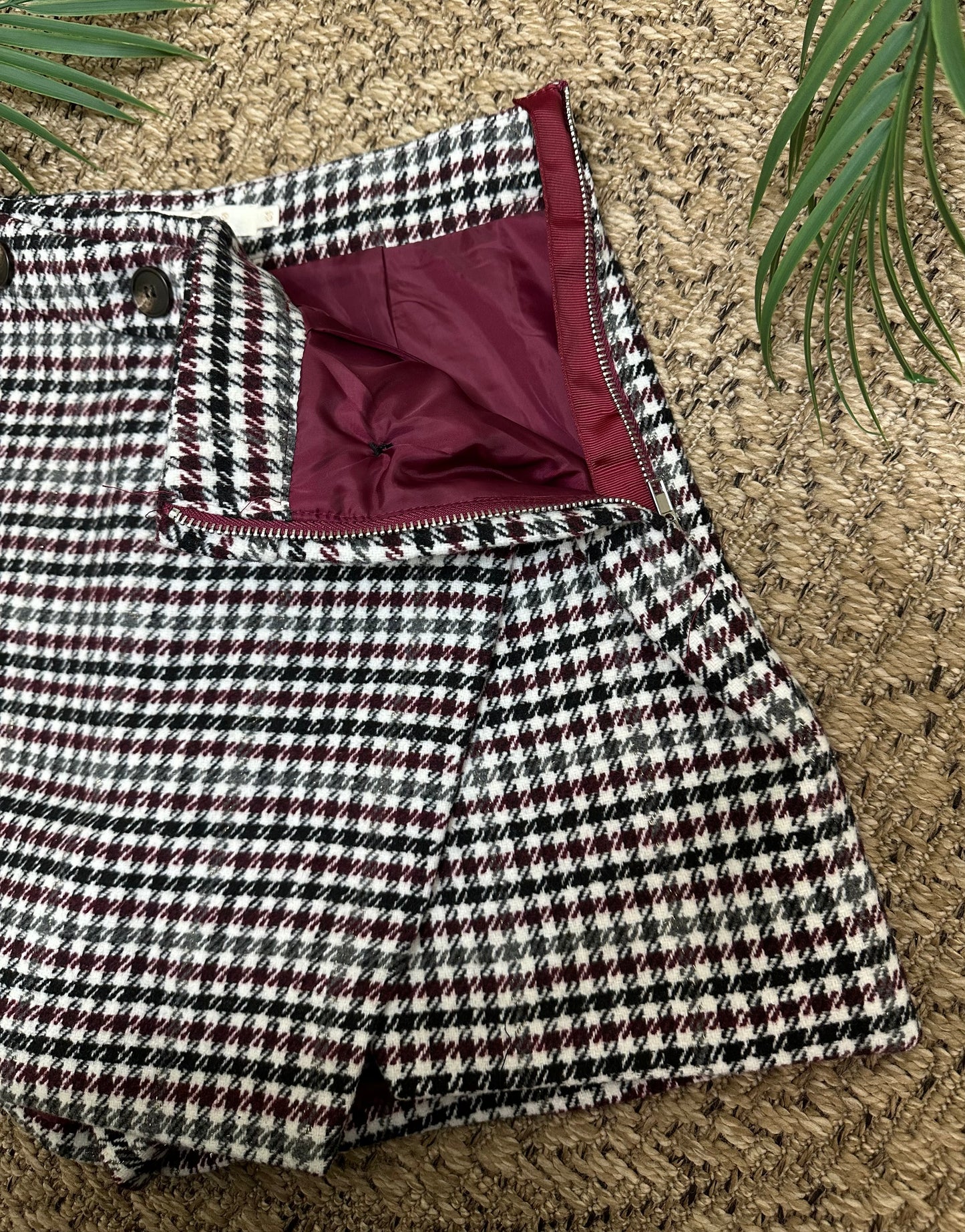 Burgundy checked button detail skort