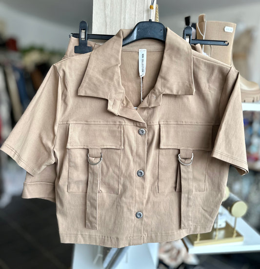 Beige cargo style shirt & shorts co ord