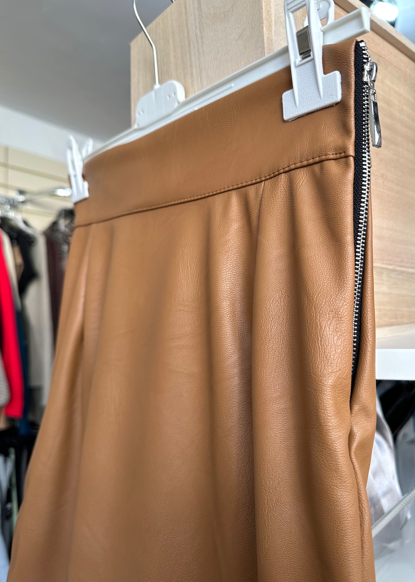 Camel faux leather zip detail skirt