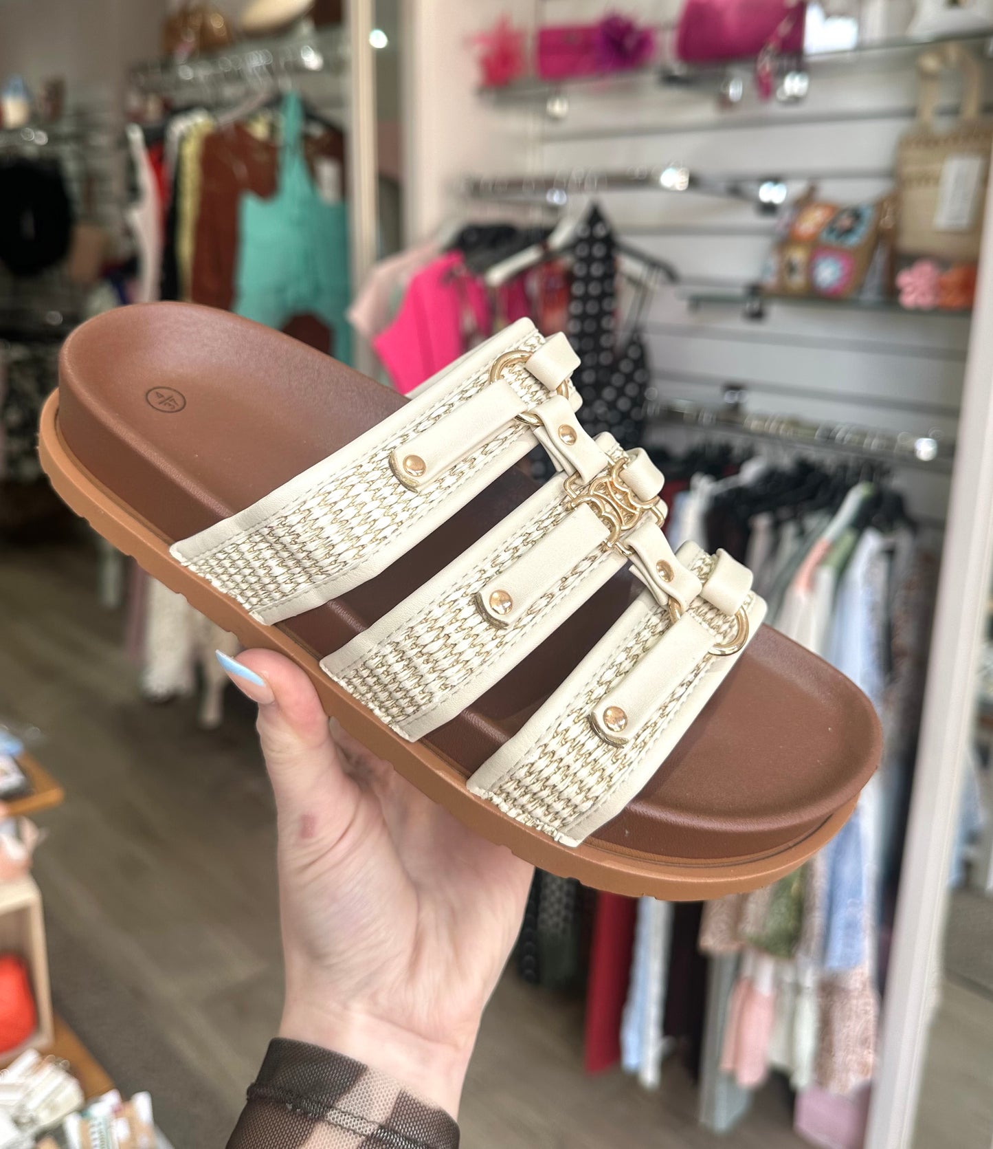 Beige 3 Strap Detail Slip-On Flat Sandals