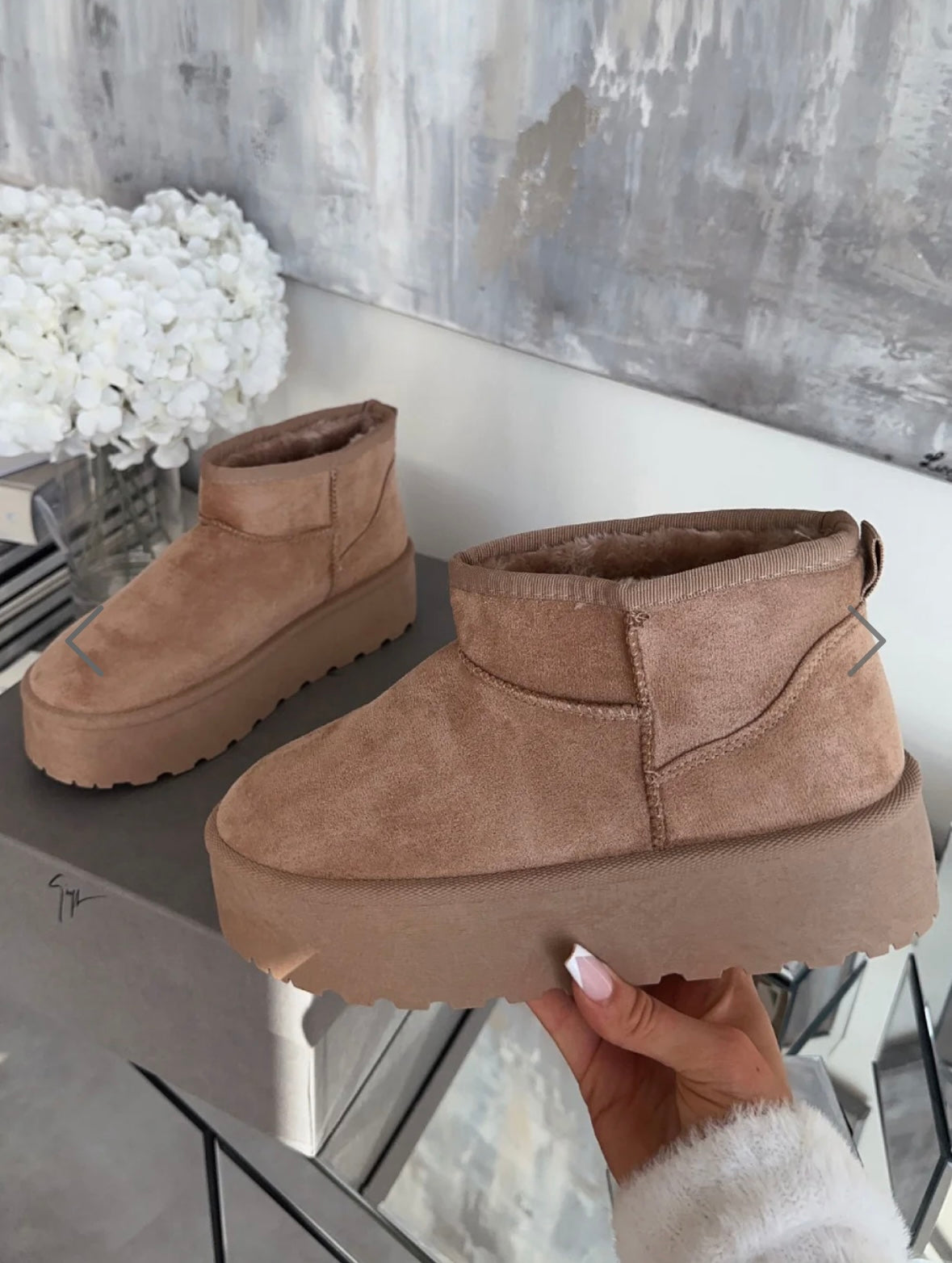 Ultra mini faux fur lined platform ankle boots