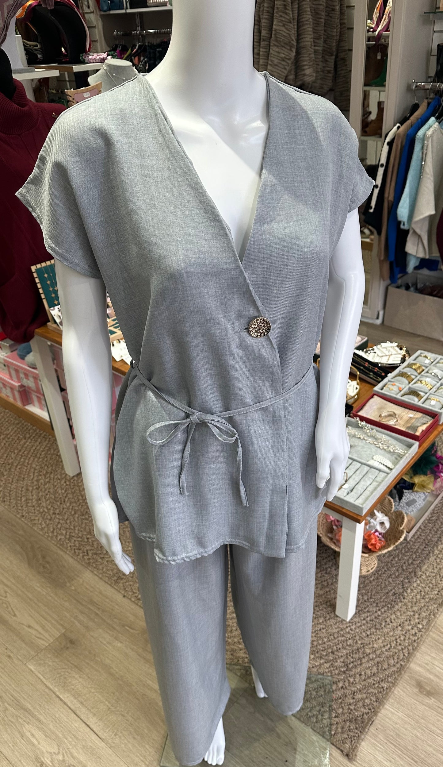 Grey tie waist top and trouser two piece