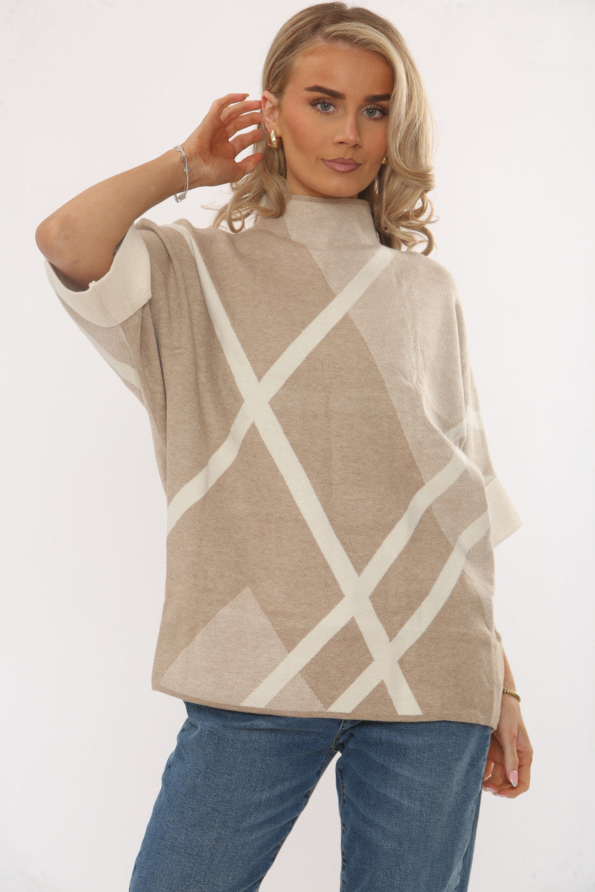 Beige check pattern knit jumper