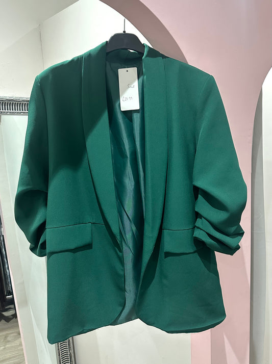 Ruched sleeve open blazer - Emerald Green