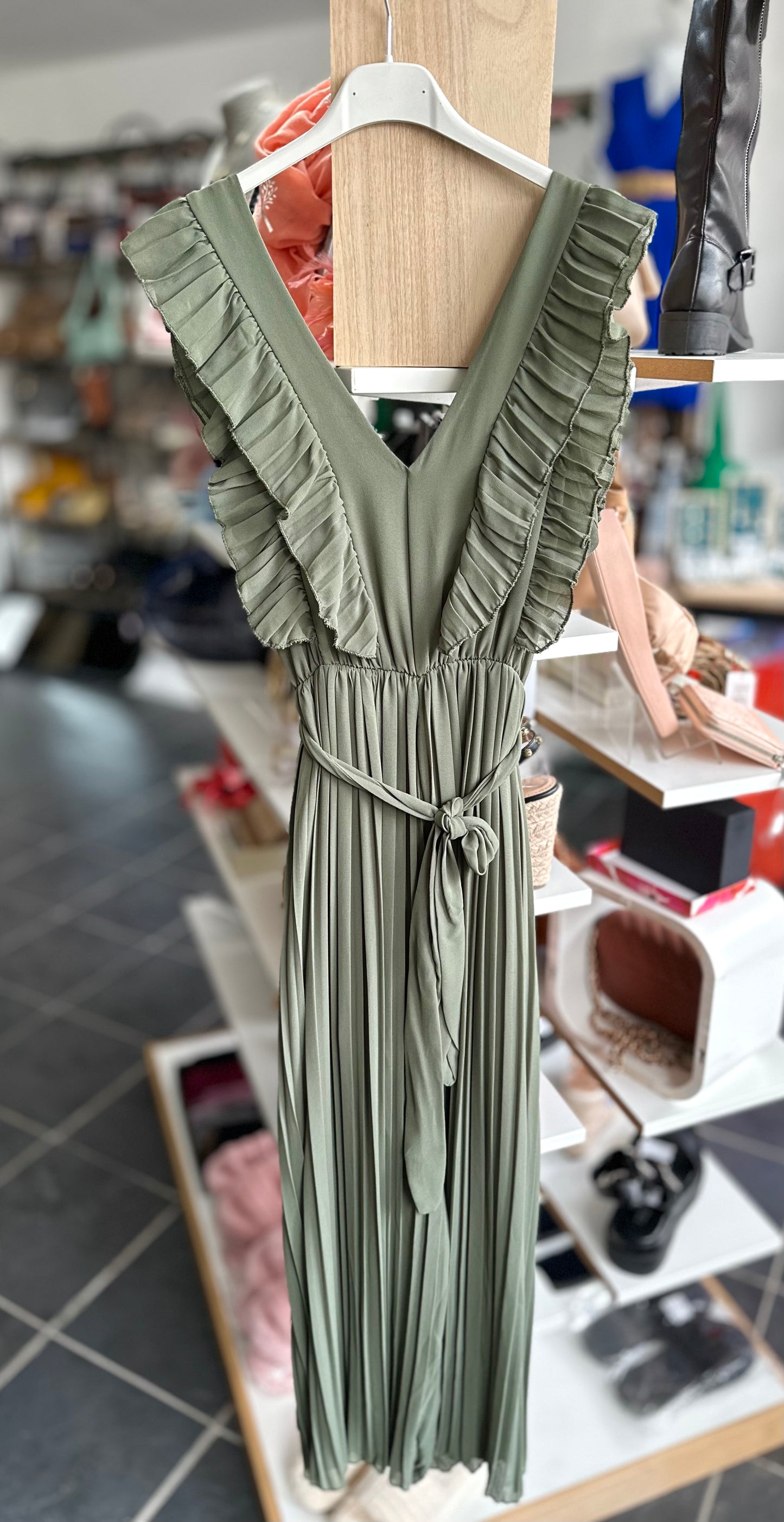 Khaki frill detail pleated wide leg jumpsuit