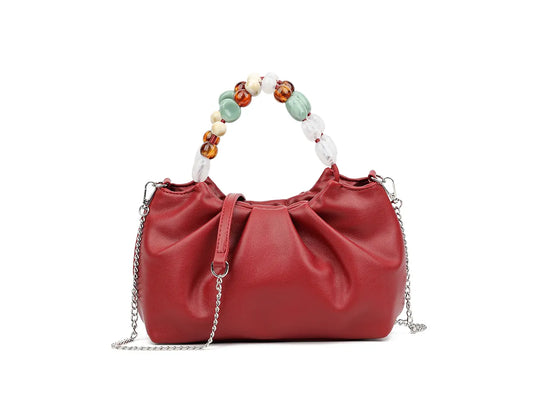Cherry red bag with beaded handle detail