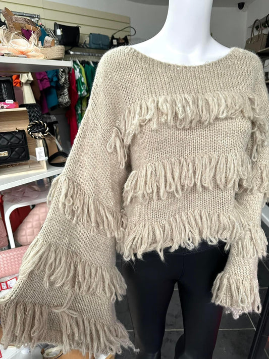 Beige shaggy wide sleeve crop jumper