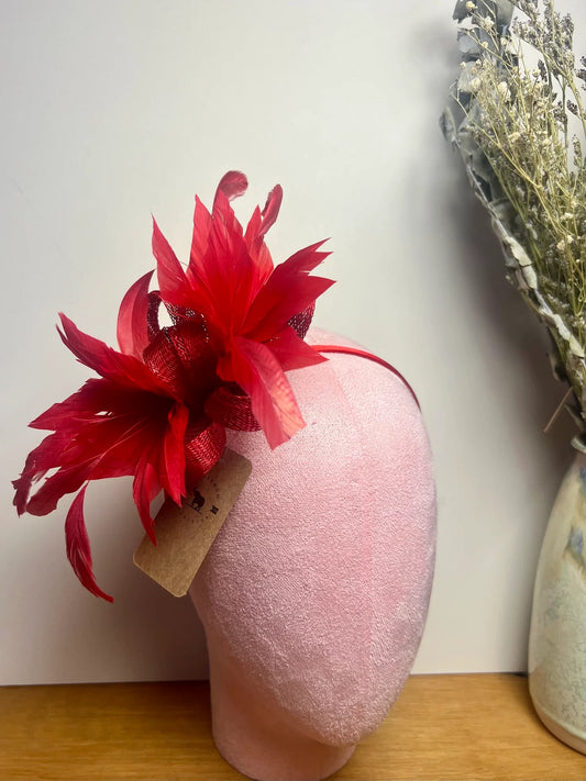 Red clip in fascinator and headband - F007A