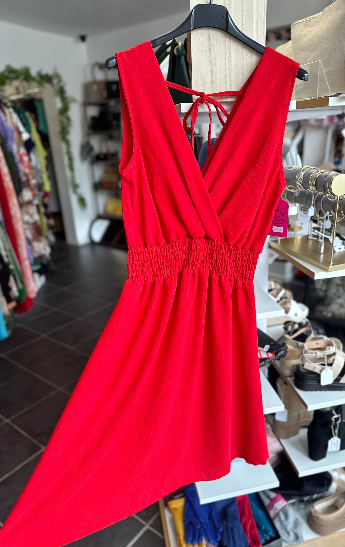 V neck shirred waist dress - Red