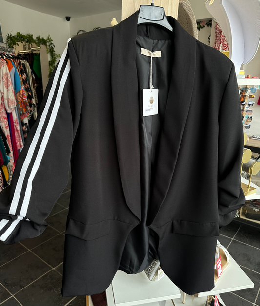 Black ruched sleeve blazer with two white stripes