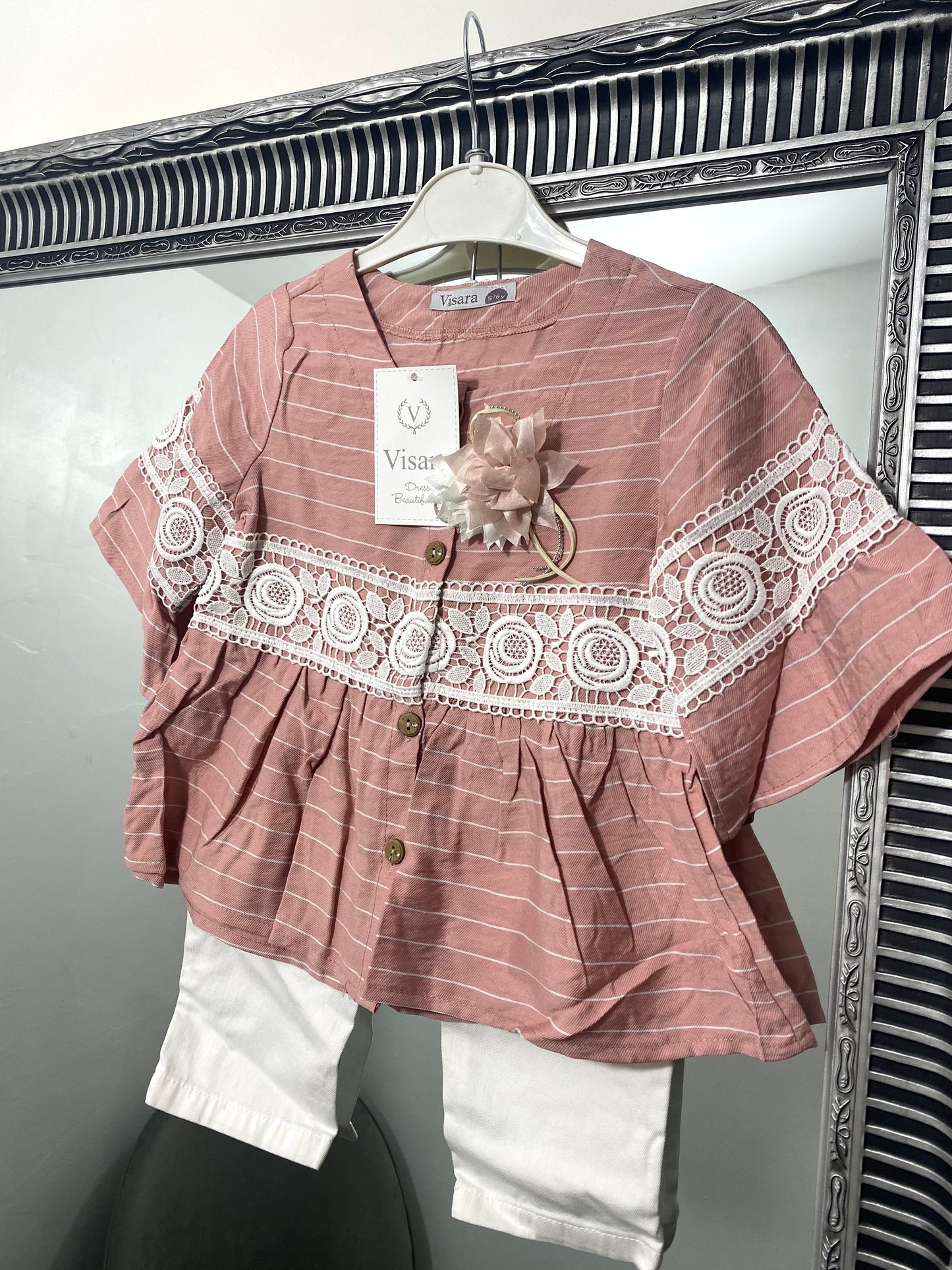 Pink & White stripe blouse & White jeans set