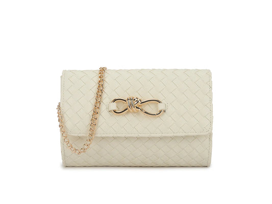 Woven clutch bag with gold chain strap - Ivory