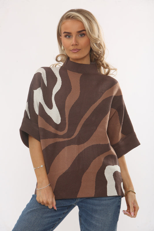 Abstract wave knit jumper - coffee