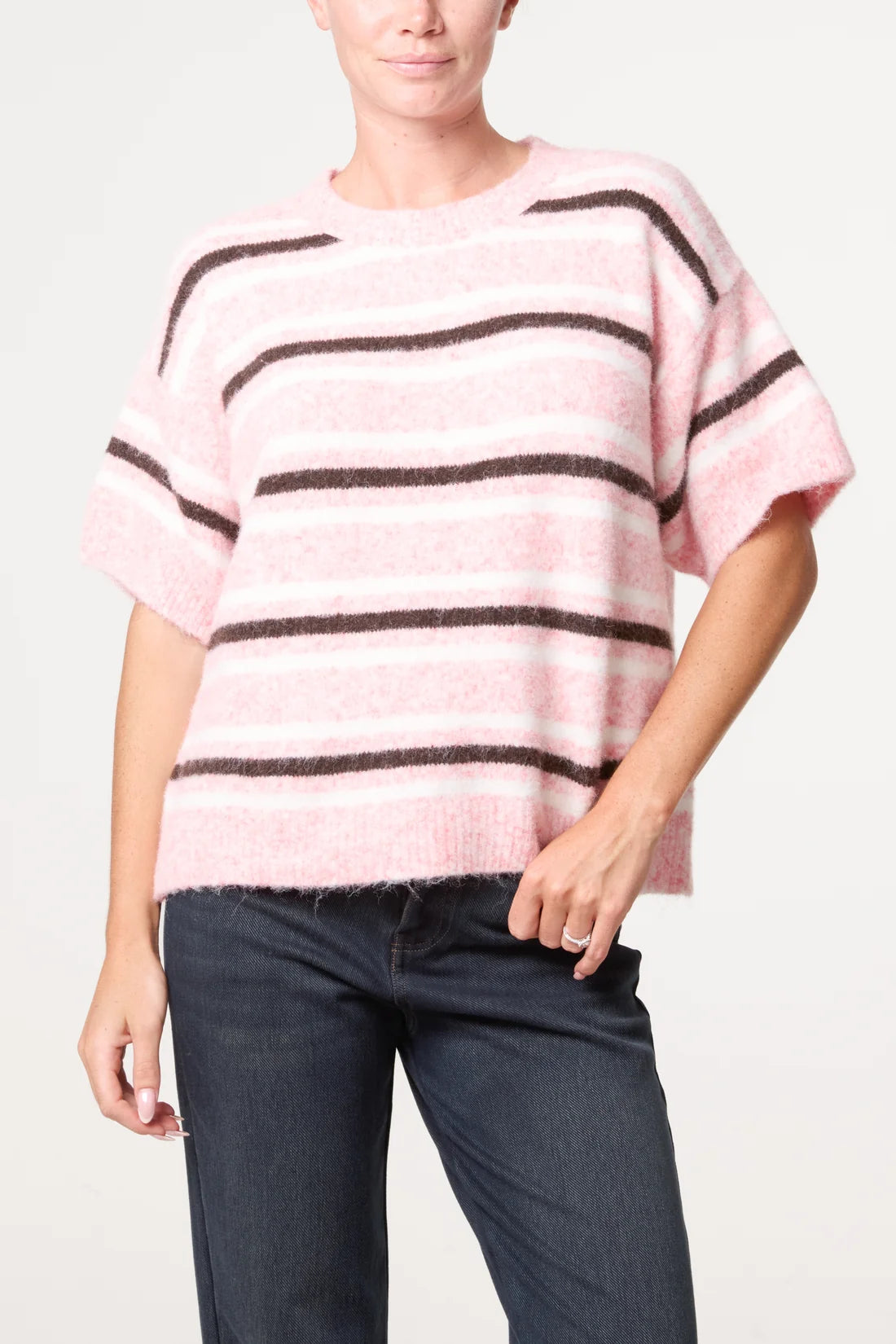 Striped knit short sleeve jumper - Pink