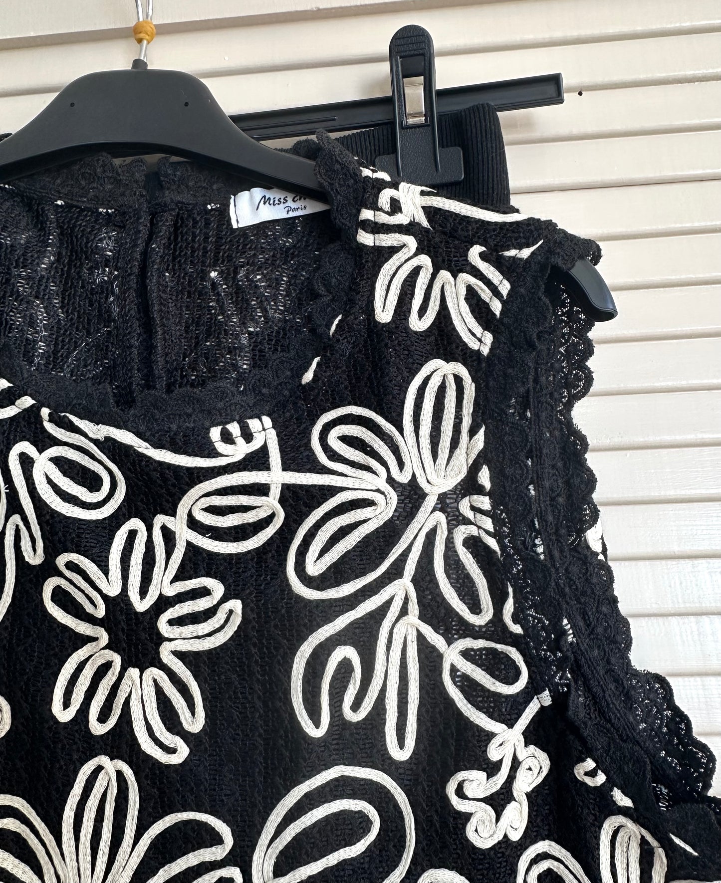 Black floral embroidered high waist trousers & lace detail top set