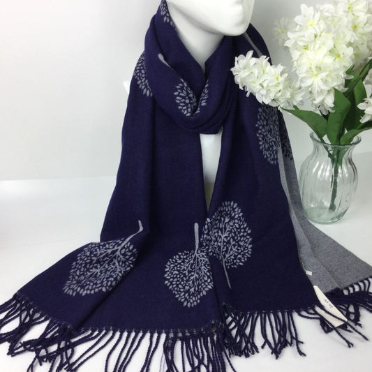 Tree pattern reversible winter scarf - Navy & grey