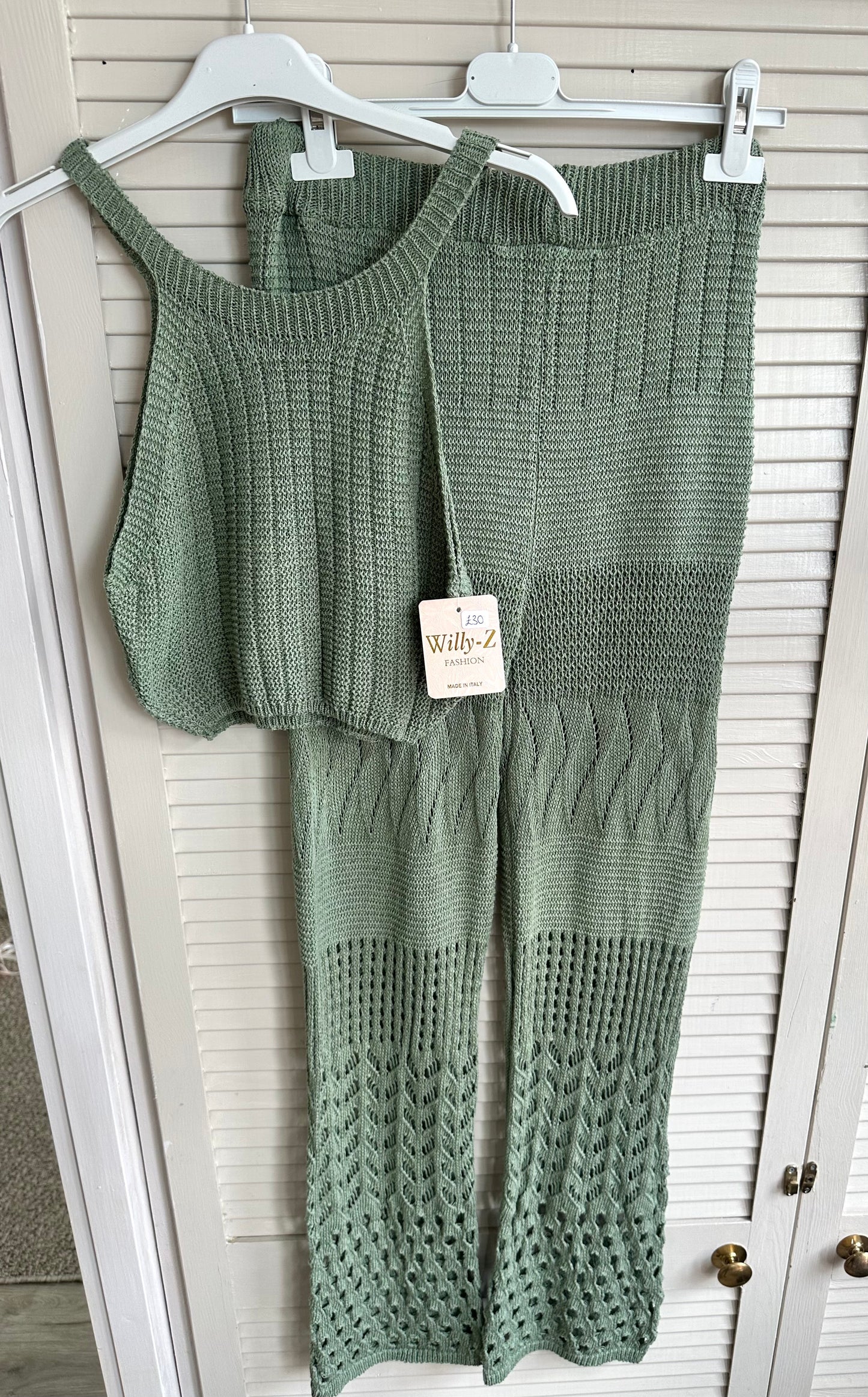 Crochet crop top & trouser beach set - Khaki green