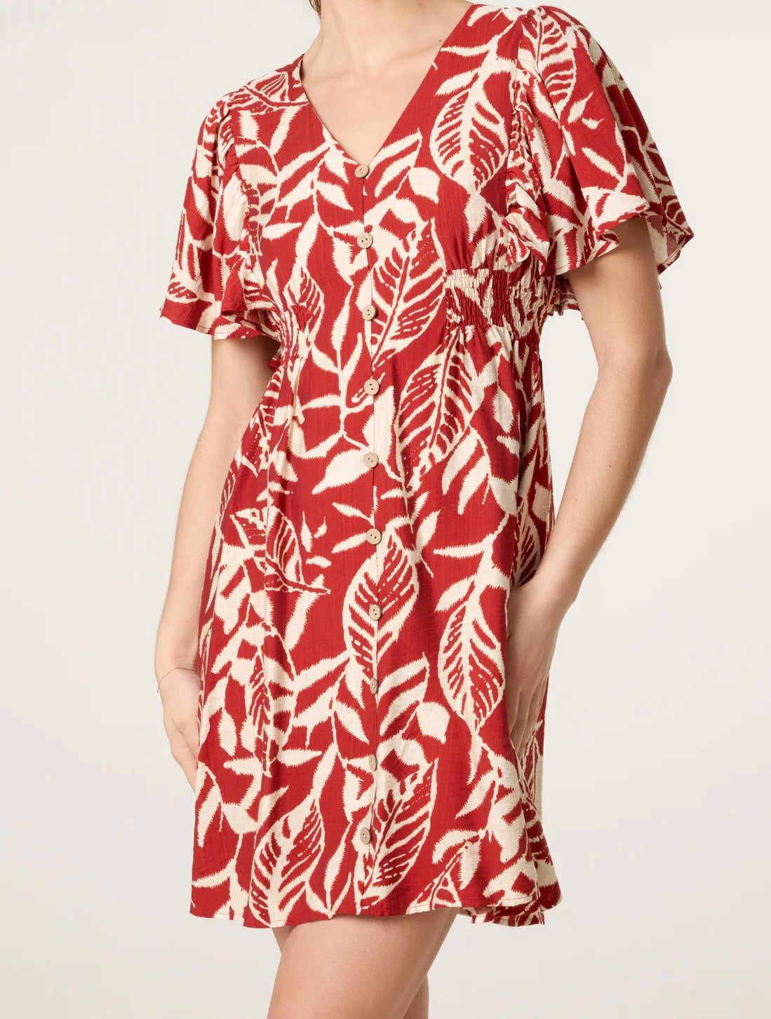 Abstract leaf detail button mini dress - Rust