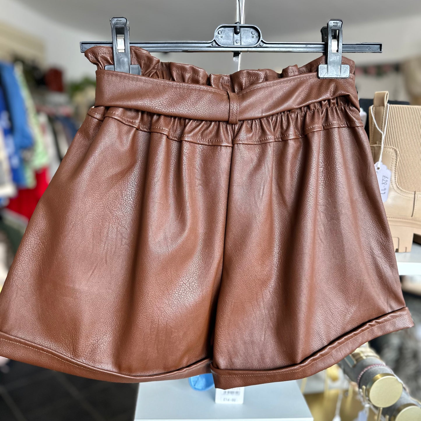 Chocolate brown paper bag waist faux leather shorts