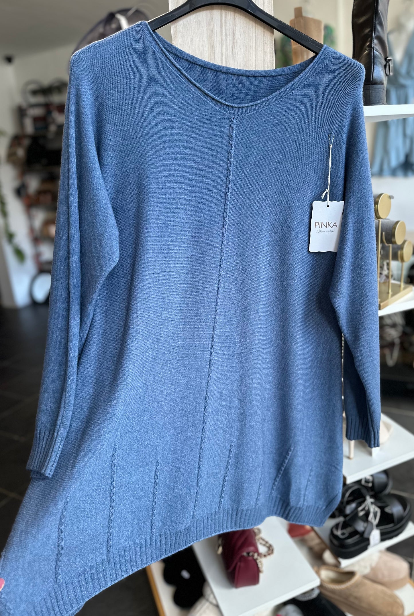 Blue long length knitted jumper