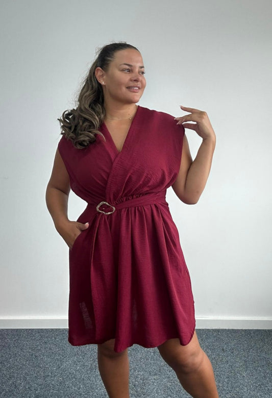Curve belted buckle detail wrap look mini dress with pockets - Burgundy