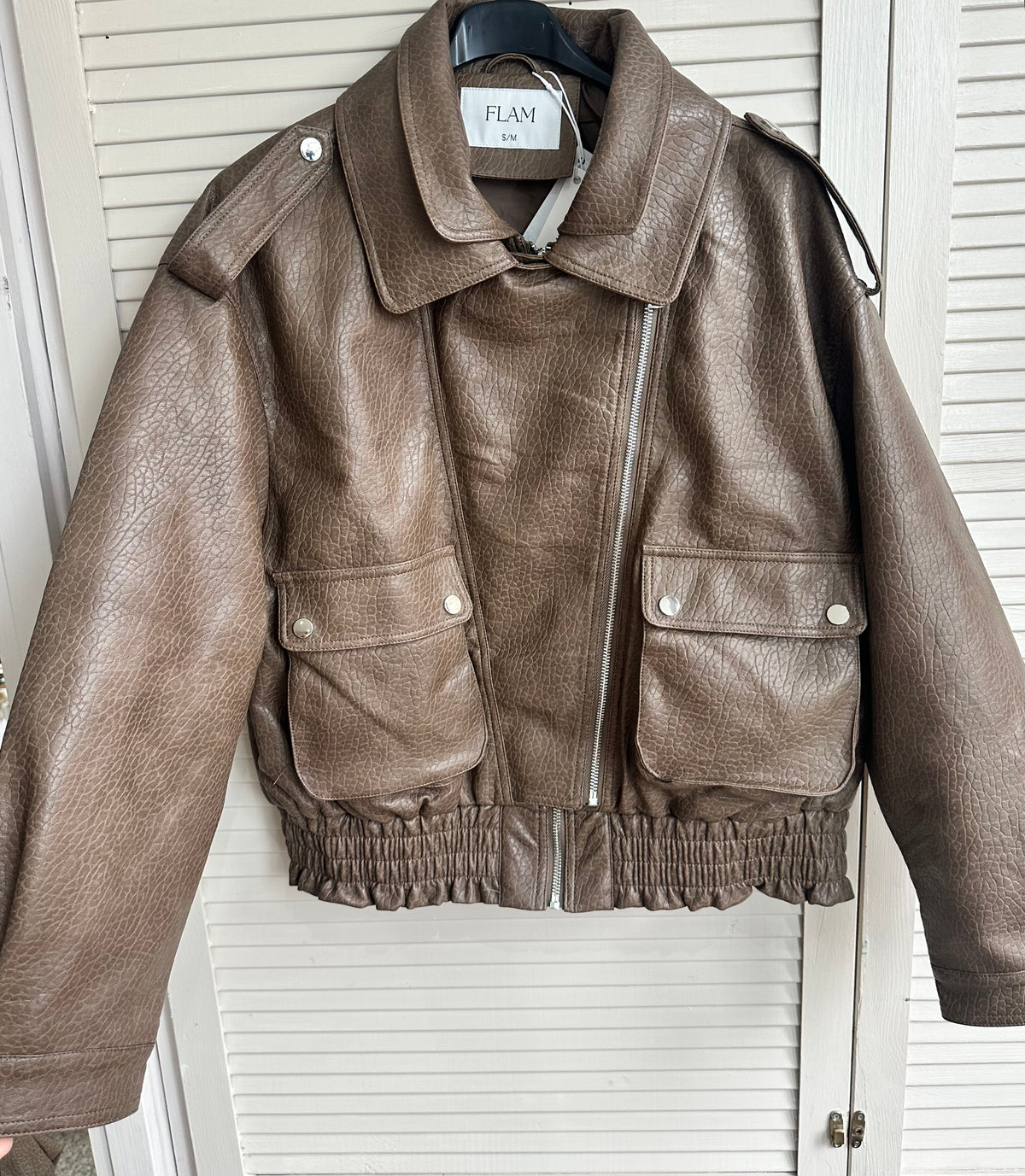 Taupe Faux Leather Oversized Bomber Jacket