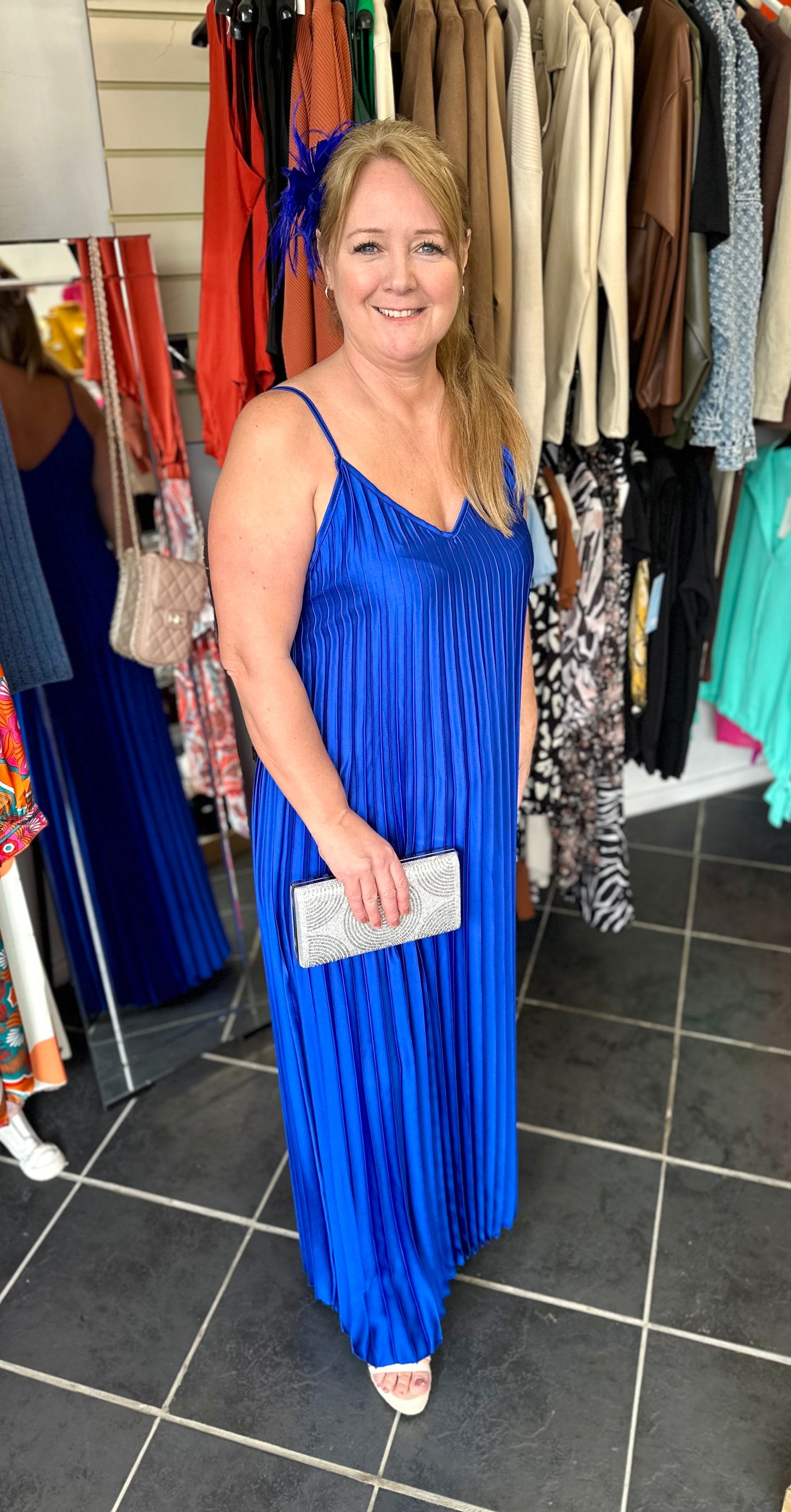 Royal blue strappy pleated maxi dress