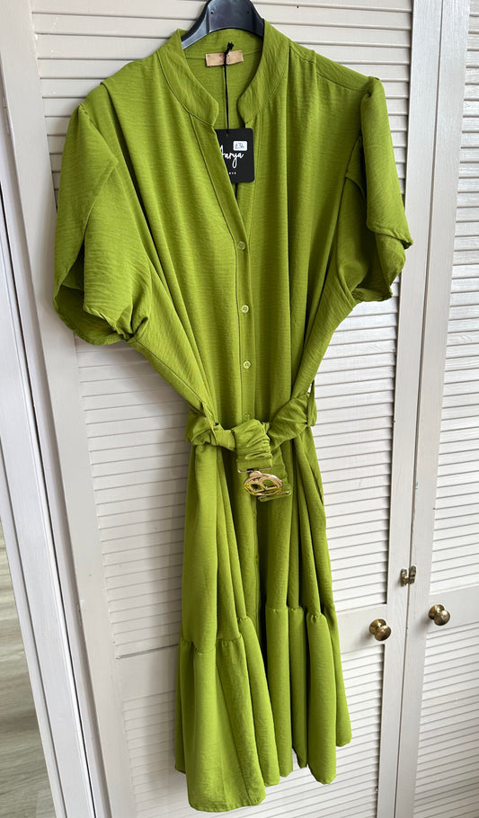 Curve belted tiered shirt dress with pockets - Lime green