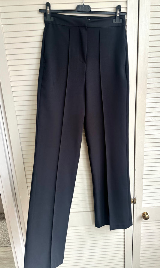 Black high waisted front seam tailored straight leg trousers